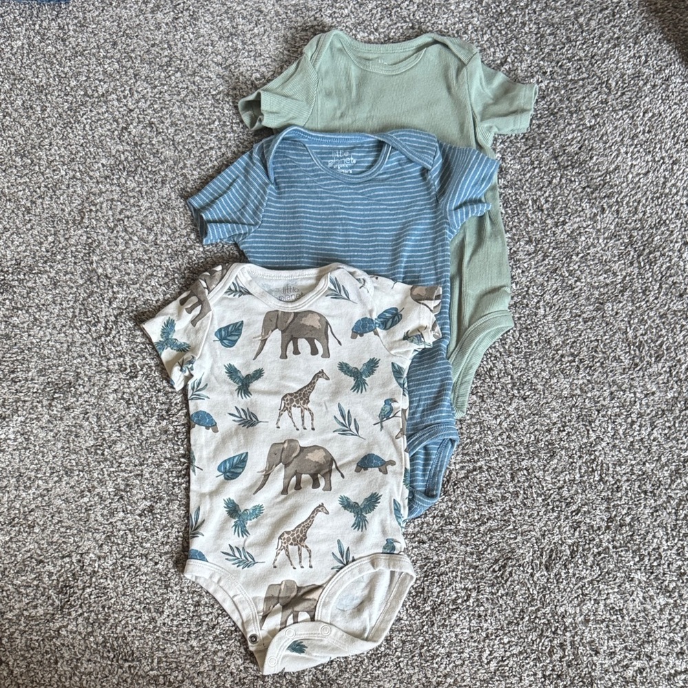 Little Planet Bodysuits 18m—Safari, Stripes, Green